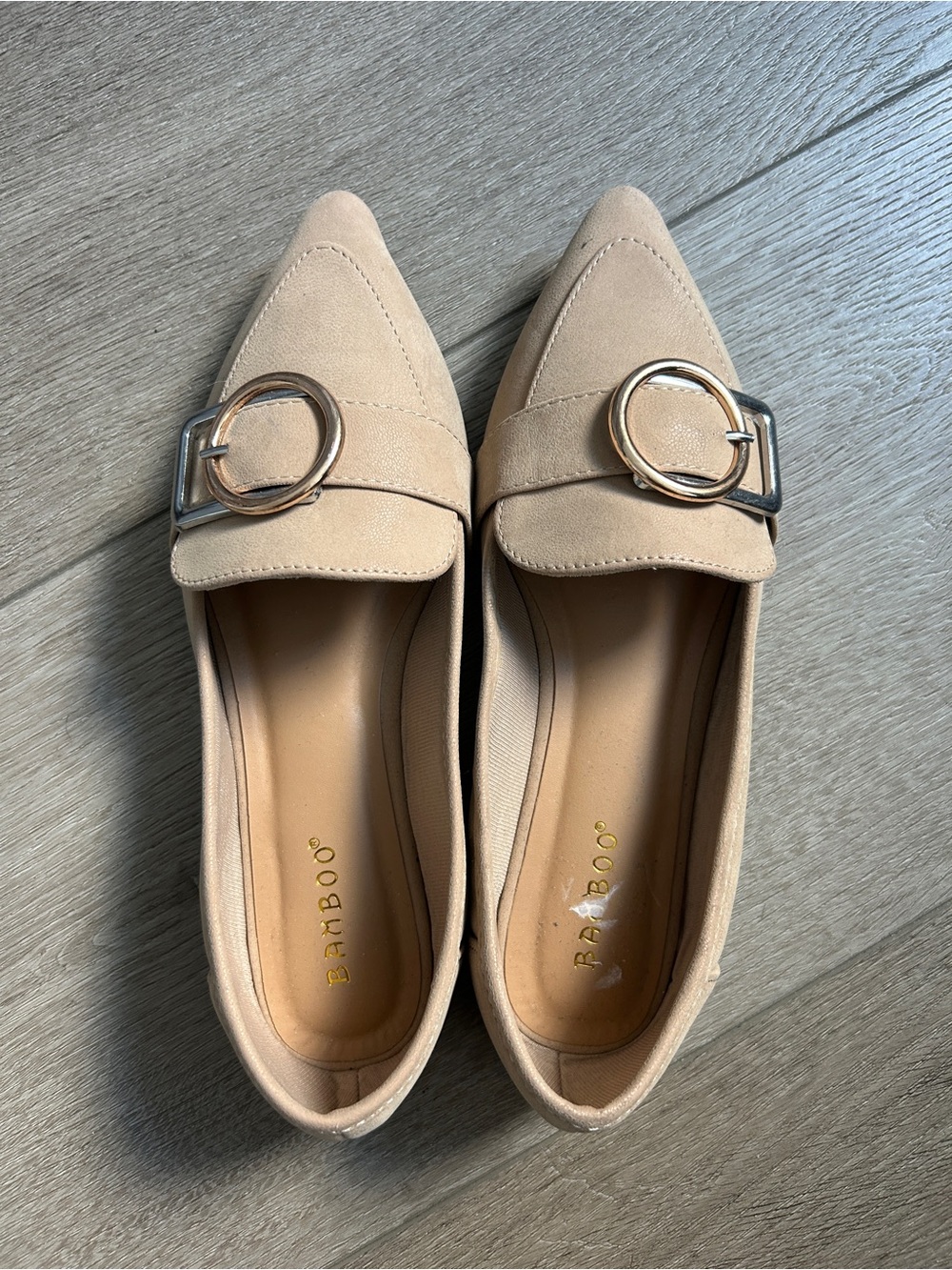 NWOT BAMBOO Nude Pointed Toe Loafers with Gold Buckle